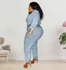 Women's Plus Size Tracksuits Plus Size Women Clothes Sexy Lean Shoulder Stitches Cutout Top Slim Pants Denim Style Evening Party Wholesale Dropshipping L220905