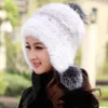 Реал норки меховой шляпы для женщин Зимняя теплой шапочка с тремя мехом Fox Ball
