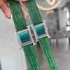 Luxury Zircon Quartz Rectangle Wristwatch äkta läder Malachite Green Dial Women Double Diamond Bezel Clock Geometric STARRY S4920899