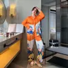 Womens Sleepwear QSROCIO Womens Pajamas Set Luxury Orange Coconut Print Sleepwear Silk Like Homewear V Neck Nightwear Leisure Loungewear 220902