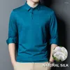 Mäns T-skjortor Luxury Silk Blended Long Sleeve Shirt Men Solid Color Collar T-shirt Brand Lätt Män Plain Top for Business