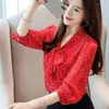 Women's T Shirts 2022 Fashion Women Blouses Spring Polka Dot Pattern Bow Collar Chiffon Three Quarter Sleeve Oversize OL Female Tops