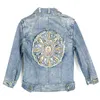 Kvinnorjackor Rhinestone Beading Back Jean Jacket 2018 Autumn Half Sleeve Frayed Washing Jean Denim Coats Single Breasted Button Women Jackets T220830