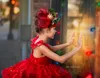 Abiti da ragazza di fiori in pizzo carino per abiti da spettacolo rosso da sposa per servizio fotografico abito da prima comunione di compleanno Paty al ginocchio