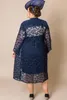 Navy Plus Size Mother of the Bride Dresses Appliqued Scoop Neck Evening Gowns With Lace Long Sleeves Jacket Knee Length Satin Wedding Guest Dress