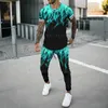 Tute da uomo Estate Set da 2 pezzi Magliette sportive Joogers Tuta da uomo Modello di fiamma colorata T-shirt a maniche corte stampata in 3D