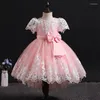 Girl Dresses 2022 Year Formal Dress Trailing Skirt Western Style Mesh Embroidery Print Bow Ball Gown For Old Children 1-6