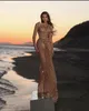 Mermaid Gold Evening Dresses Sleeveless Deep V Neck Spaghetti Straps 3D Lace Floor Length Appliques Sequins Beaded Celebrity Plus Size Party Gowns Prom Dress