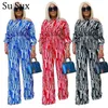 Mulheres plus size tracksuits casuais listrado plus size conjuntos de duas peças roupas mulheres roupas de mangas compridas e cachimbo largo de mangas compridas e largura de calças vestidos 2021 africano l220905