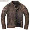 Erkekler Deri Sahte Vintage Ceket Kalın% 100 Orijinal Cowhide Biker Slim Fit Motosiklet Ceket Sonbahar Asya Boyutu S5XL M419 220905