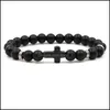 Charm Armbänder Charm Naturstein Kreuz Armband Glaube Schwarz Matt Glücksperlen Armbänder Handgemacht Männer Frauen Gebet Fitness Paar J Dhu7Y