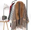 Women's Plaid Knitted Tassel Poncho Shawl Cape With Faux Fur Collar Vintage Classic Cardigan for Winter Fall Plush Size