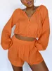 Survêtements pour femmes Orange chemise Mini Shorts deux pièces ensemble femmes été à manches longues cordon chemises tenue femme 2022 dame Streetwear costume