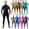 Unisex komik elbise parlak metalik katsuit kostümler siyah tulum lycar spandeks zentai bodysuit parti kulüp sahne kostümleri ön fermuar kaput ve eldivenler