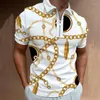 Men's Polos Shirt Fashion Gold Chain Printing Short Sleeve Tops For Men Casual Turn-down Collar Zip-up Shirts 2022 Summer Men's