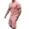 Herren-Trainingsanzüge, 2-teilig, schickes Herren-T-Shirt, Shorts-Set, mittlere Taille, Hawaii-Kurzarm, reine Farbe, Oberteil, Hose