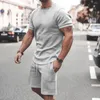 Herren-Trainingsanzüge, 2-teilig, schickes Herren-T-Shirt, Shorts-Set, mittlere Taille, Hawaii-Kurzarm, reine Farbe, Oberteil, Hose