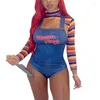 Fatos femininos xingqing trajes de halloween para mulheres assustador assassino boneca quer jogar filme personagem bodysuit chucky traje conjunto