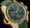 RMF Moonwatch Moonshine Manual Winding Chronograph Mens Watch 2022 18K Yellow Gold Green Dial Rubber 310.63.42.50.10.001 Apollo 11 50th Anniversary Edition Puretime A1