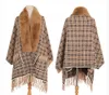 Women's Plaid Knitted Tassel Poncho Shawl Cape With Faux Fur Collar Vintage Classic Cardigan for Winter Fall Plush Size