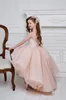 Blush Rose Robes De Fille De Fleur Pour Le Mariage Haut Bas Perlé À Manches Longues Pageant Robes Pour Photoshoot Tulle Première Communion Robe