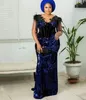 Royal Blue Sequins Valvet African Prom Dresses Sheer O-neck Long Sleeve Lace Beaded Aso Ebi Evening Engagement Gown