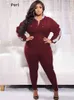 Kvinnors plus -storlek Tracksuits Perl Plus Size Set Women Outfits 2022 Hoodies Tops and Pants Long Sleeve Suit Fall Clothes Zipper Striped Matching Tracksude L220905