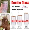 US Stock 12/16/20OZ Double Wall Glass Cup with Bamboo Lid and Straw Transparent Tea Juice Milk Coffee Can Cup Wine Cola Drinkware CC