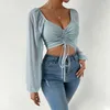 Women's T Shirts 2022 Autumn Simple Solid Color Raglan Low-cut Drawstring Waistless T-shirt Top Women