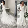 2022 Lands sjöjungfru bröllopsklänningar brudklänningar sexiga v hals långa ärmar spetsar applikationer öppet rygg plus storlek vestidos de noiva