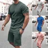 Herren-Trainingsanzüge, 2-teilig, schickes Herren-T-Shirt, Shorts-Set, mittlere Taille, Hawaii-Kurzarm, reine Farbe, Oberteil, Hose