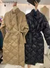 Dames Down Parkas Winter Black Long Coat Cotton met katoenen gekantde jas Koreaans Casual Loose Street Style Belt Oversize 220919