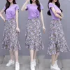 Werkjurken Tweede stuks set vrouwen elegante bloemenprint hoge taille a-line rokken zomer zomer korte mouw t-shirt dames mode kledingpak e77