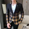 남자 양복 2022 남자 정장 재킷 스프링 컬러 일치 격자 무늬 슬림 한 캐주얼 비즈니스 우아함
