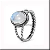 Band Rings Vintage Big Moonstone Ring Tibetan Horse Eye Antique Sier Round Rings Wedding Jewelry For Women Girl Ladies Gi Carshop2006 Dhwmf