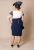 Marine plus size moeder van de bruid jurken Appliqued Scoop Neck Avondjurken met kanten lange mouwen jas knie lengte satijnen bruiloft gasten jurk