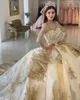 2022 Champagne Quinceanera Dresses Sequined Lace Appliques Sexy Luxury Crystal Beads Sequins Tiered Chapel Train Ball Gown Party Prom Evening Gowns Long Sleeves