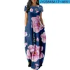 Casual Dresses 2022 Roses Print Women Short Sleeve Dress Loose Long Double Pocket Beach Vacation Dress-Woman