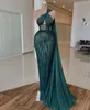 Robes de soirée sirène vert foncé sans manches col en V profond 3D dentelle cape perlée longueur de plancher appliques paillettes perlées célébrité plus la taille robes de soirée robe de bal