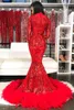 Luxuriöse Abendkleider mit Federperlen und Pailletten in Rot, Vintage-Langarm-Abschlussballkleid für afrikanische Mädchen, BC41265383478
