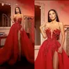 Vermelho Árabe Aso Ebi Renda Elegante Vestidos de Baile Luxuosos Cristais Frisados Sexy Noite Festa Formal Vestido de Segunda Recepção