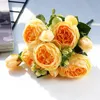 Faux Floral Greenery 1 Bouquet Yellow Artificial Flowers Peony Tea Rose Autumn Silk Fake Flowers For Diy Living Room House Garden Wedding Decoration J220906