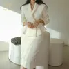 2 피스 드레스 H Han Queen Profession 세트 여성 코트 크롭 탑과 높은 허리 바디콘 연필 스커트 Korean Slim Chic Office Lady Skirt Suits 220906