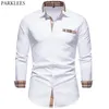 Men's Casual Shirts PARKLEES Autumn Plaid Patchwork Formal Shirts for Men Slim Long Sleeve White Button Up Shirt Dress Business Office Camisas 220905