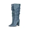 Bottes nouvelles femmes plissées demi-bout pointu talons épais sans lacet grande circonférence bleu taille femme 220906