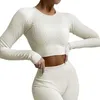 Womens Two Piece Pants Ribbed Women Sets Fitness Suit Seamless Sportswear Sexy Gym Clothing Stripe Legging Long Sleeve Sport Outfits Woman Tracksuit 220906