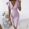 Günlük elbiseler fufaillm ofis bayan bodycon elbise yaz kadın vneck dantelli kalem elbise fırfırlar kısa kollu sargı partisi düğün resmi elbise 220906