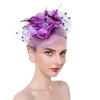 Kopfbedeckungen 2022 Damen Derby Netting Mesh Große blühende Blumen Feder Fascinator Hut Pompom Perlen Tee Party Hochzeit Braut Haarspange