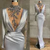 2022 PROM -jurken plus size Arabisch zilveren zeemeermin kristal kralen Hoge nek illusie lange mouwen kanten avondjes slijtage formele feestjurkenjurken jurk