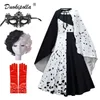 Mädchenkleider Halloween Kind Cruella Kostüm Maskerade Party Mädchen Schwarz Weiß Langes Kleid mit Umhang Karneval Kinder Cruella Perücke Spitzenmaske 220905